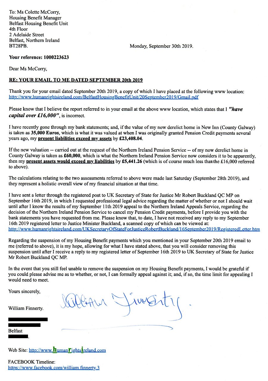 Letter dated September 30th 2019 to Belfast Housing Benefit Manager